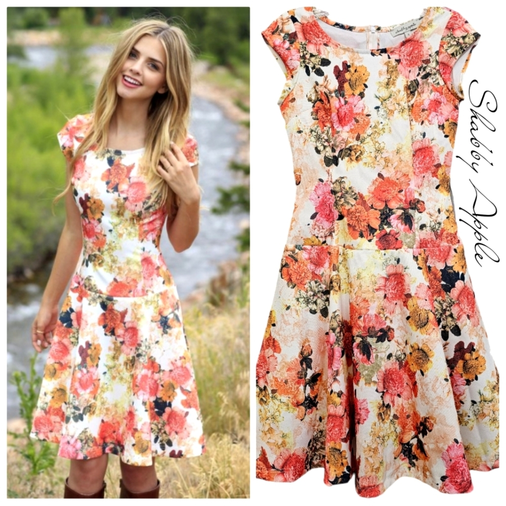Nwot Shabby Apple White Cap Sleeve Pink/Orange/Gold Garden Floral Dress